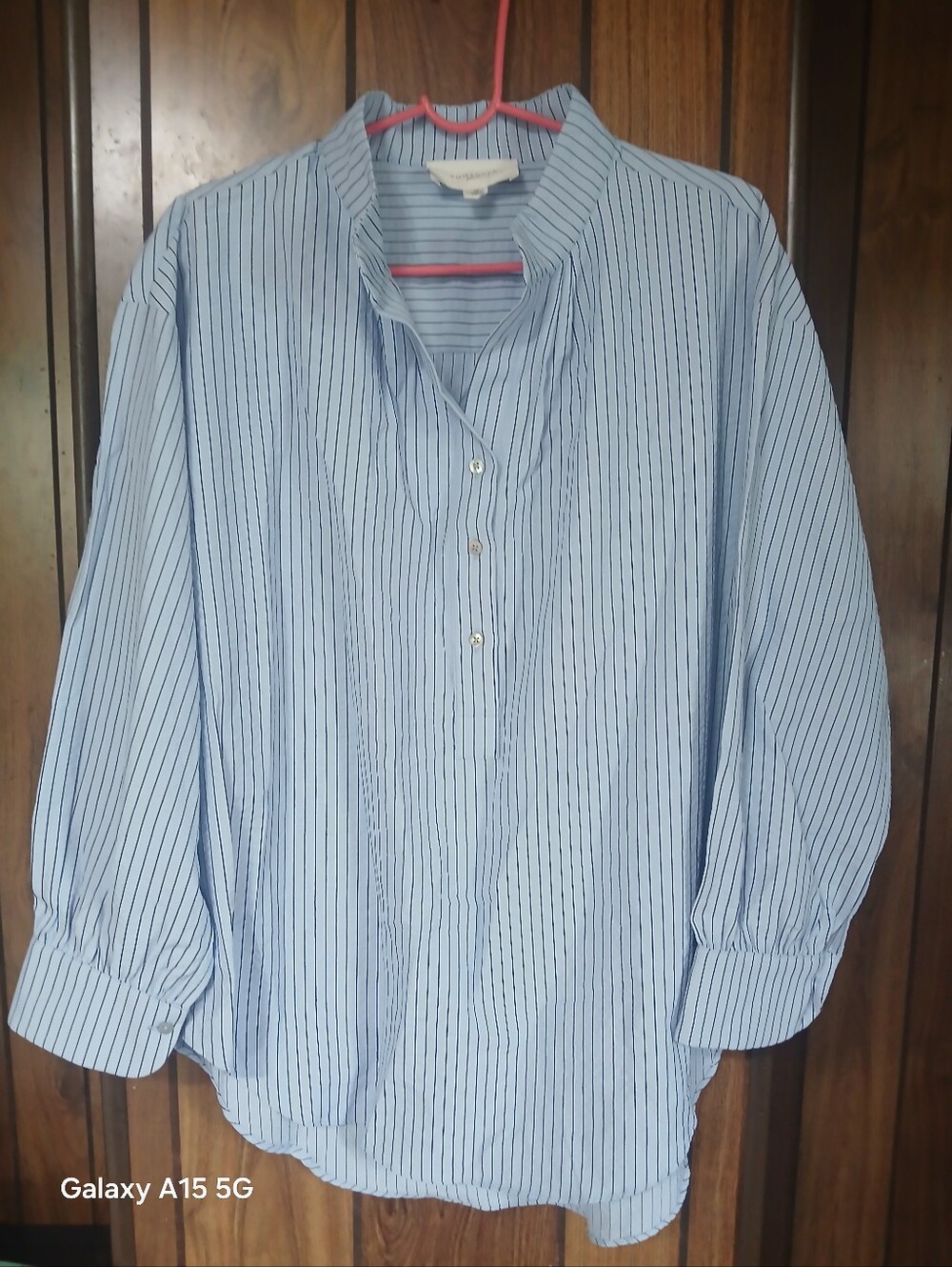 Pomander Place Blue and Navy Striped Band-Collar Button Shirt